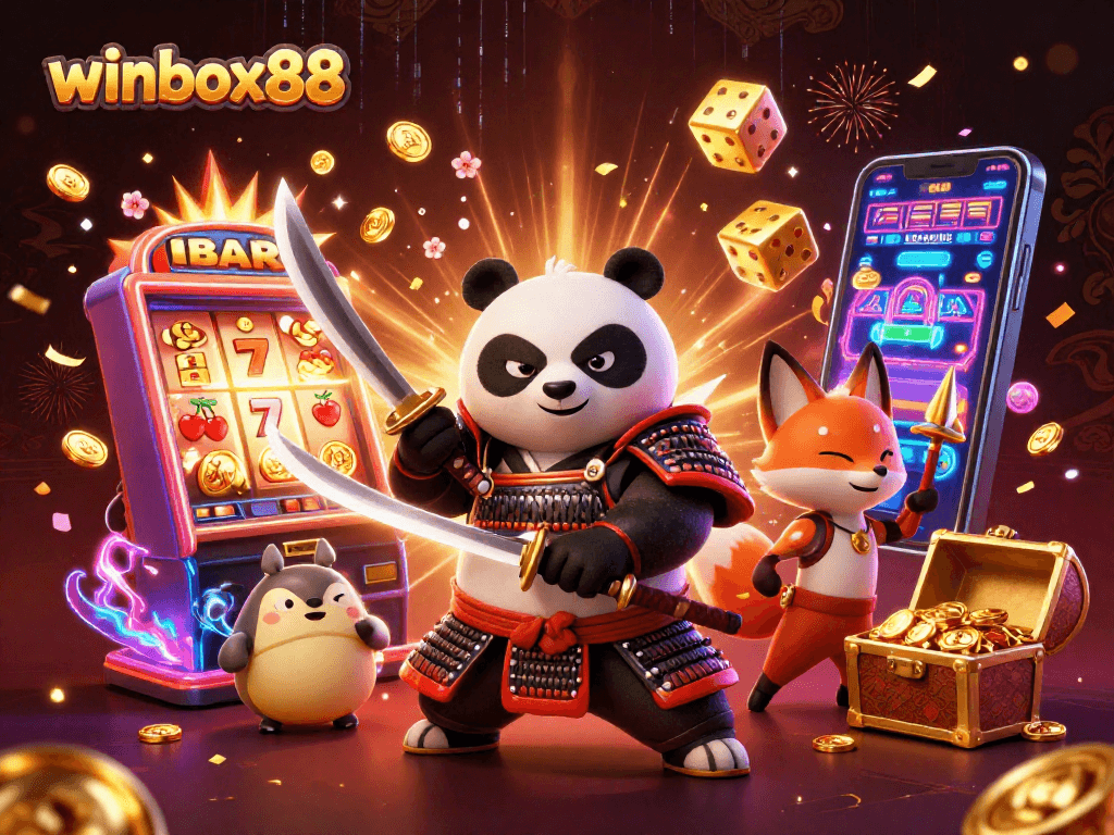 Winbox88 gaming scene with samurai panda and dynamic casino elements bursting with energy.