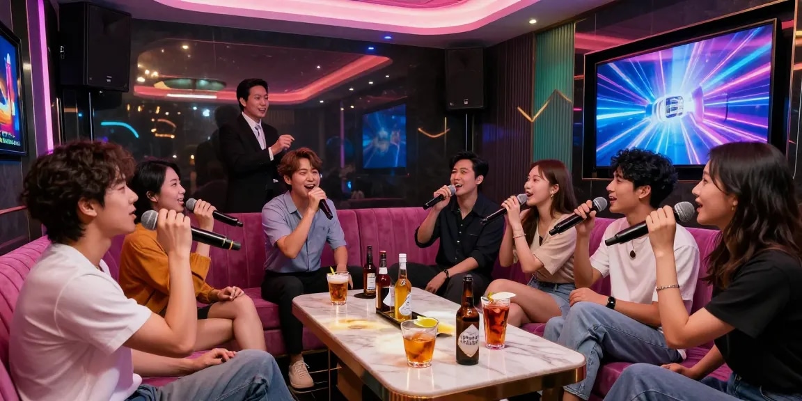 강남가라오케에서 친구들과 함께 노래하고 있는 고급스러운 프라이빗 룸의 모습