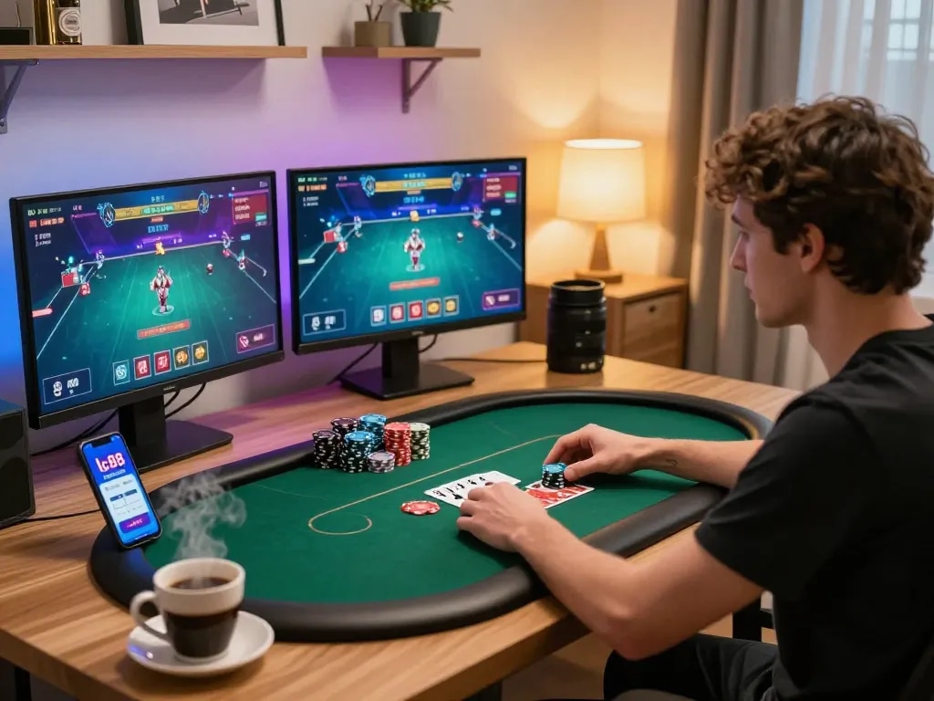 Experience gaming excitement with lc88 in a competitive online poker setup at home.