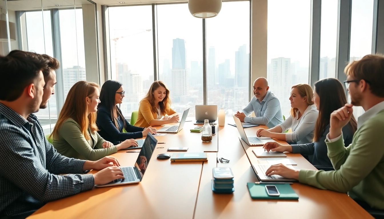 Team members of an Agency collaborating in a modern workspace, showcasing teamwork and creativity.