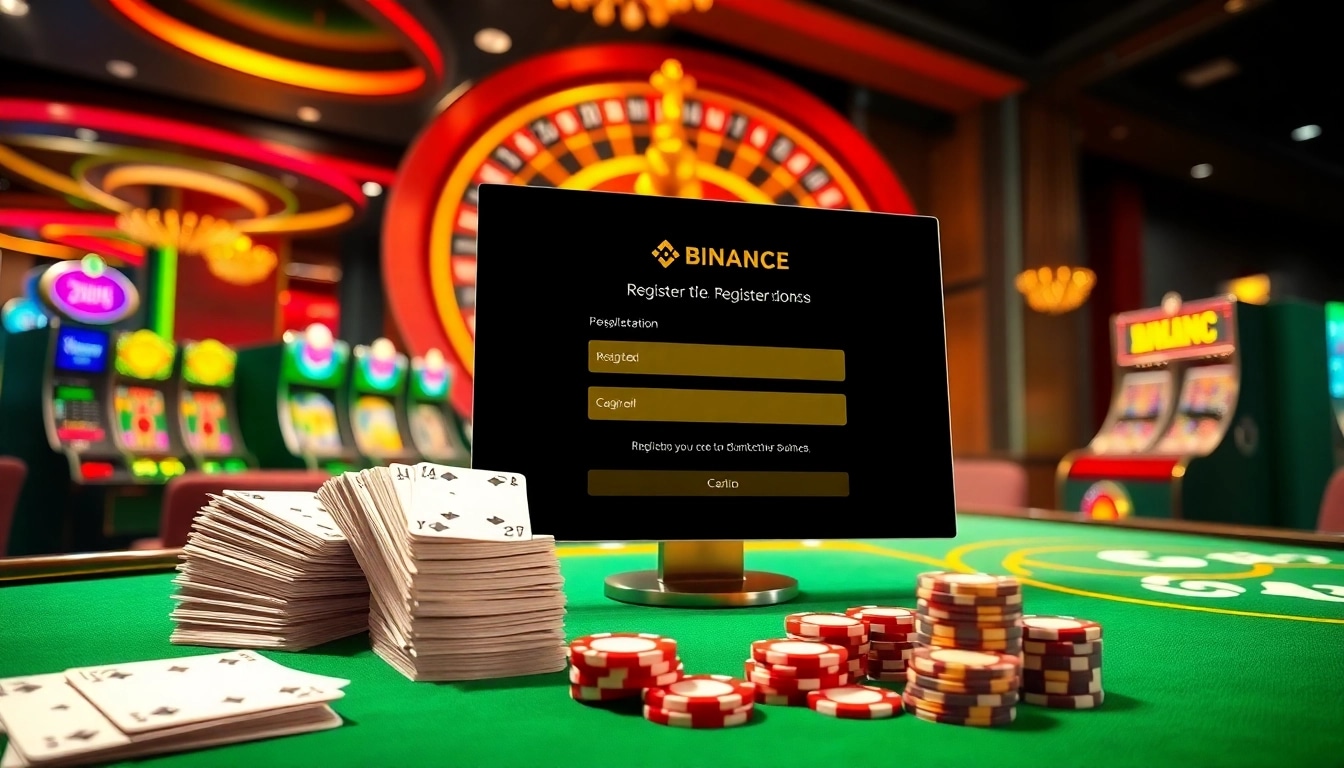 Registering for 바이낸스 회원가입 in a luxurious casino setting, featuring vibrant tables and betting slips.