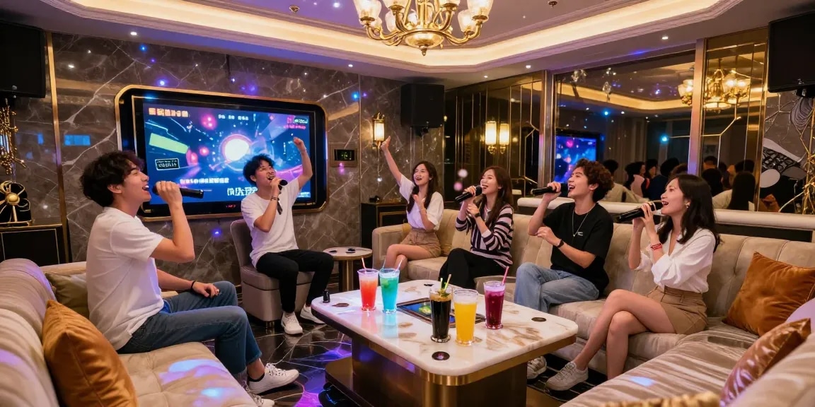 강남 가라오케에서 친구들과 즐거운 시간을 보내며 노래 부르는 모습의 화려한 실내 장면