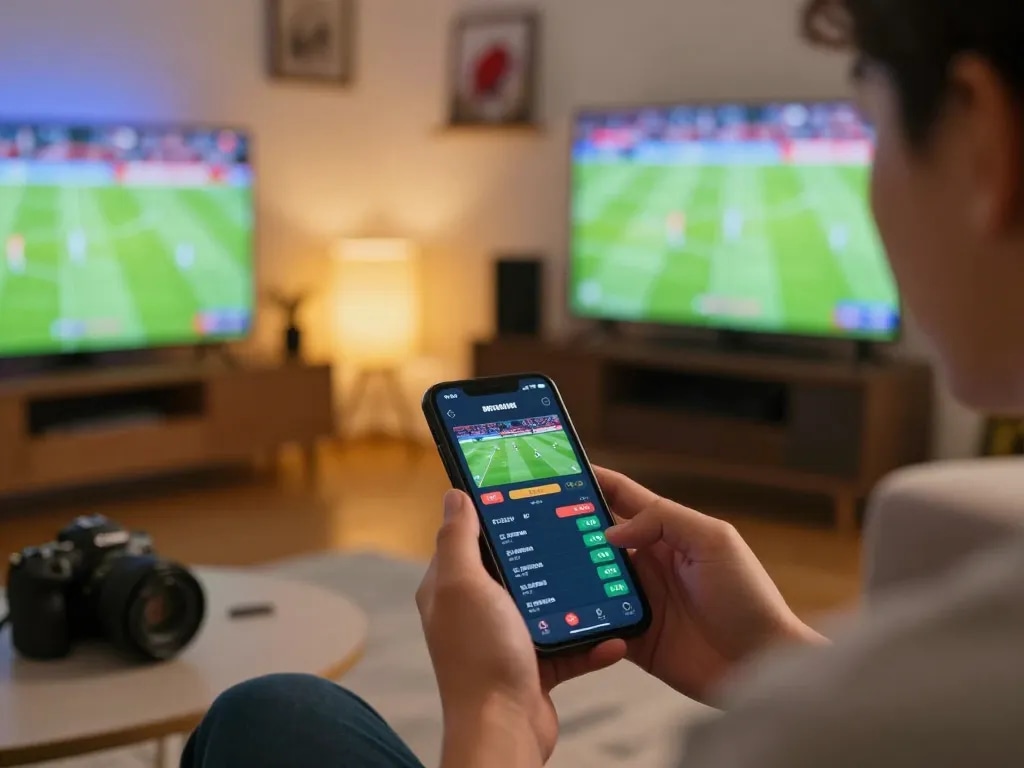 Person engaging in sports betting on LV88 app, showcasing dynamic sporting event interface on smartphone.