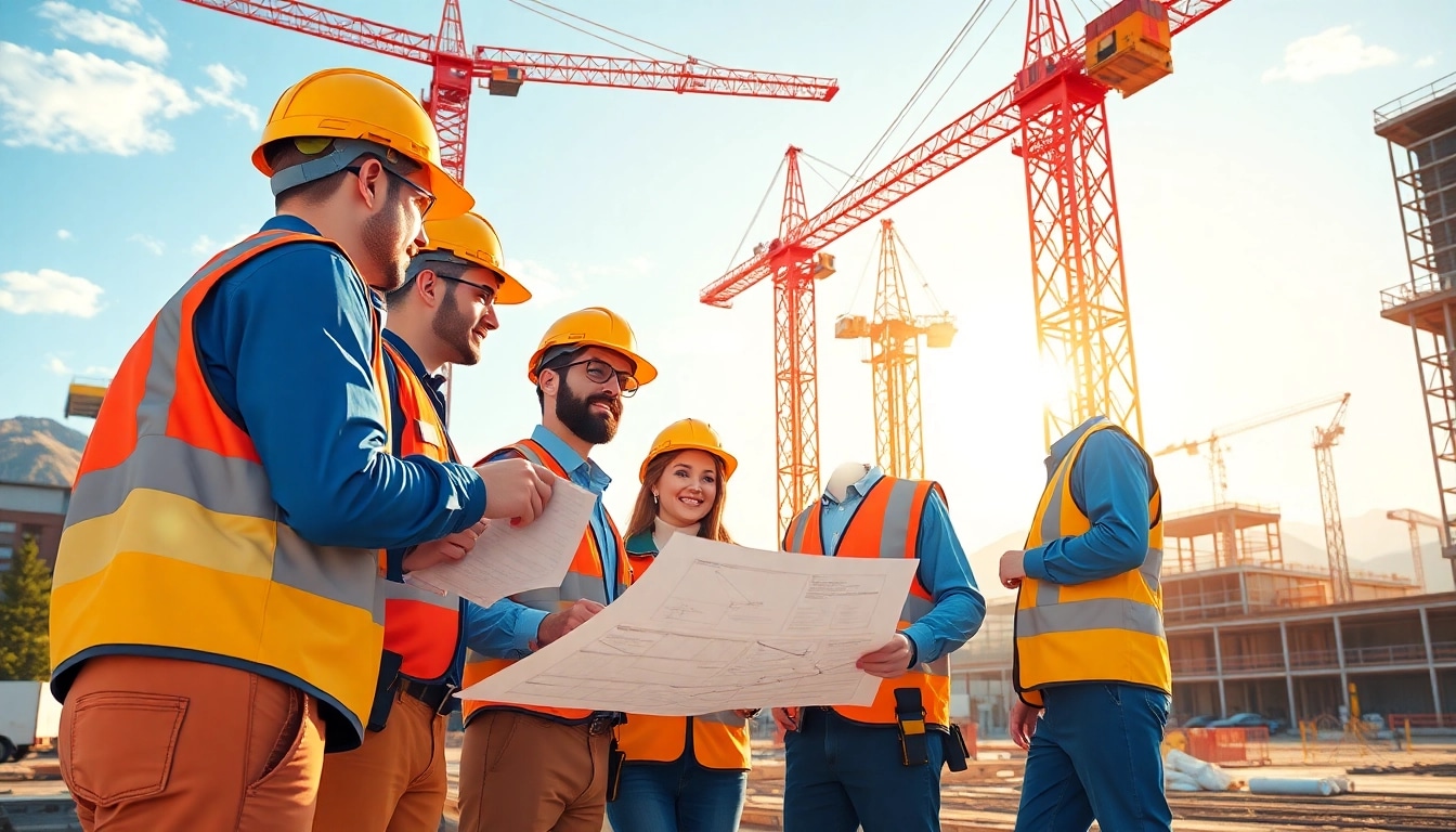 Construction association Colorado professionals collaborating on a project site with detailed blueprints.