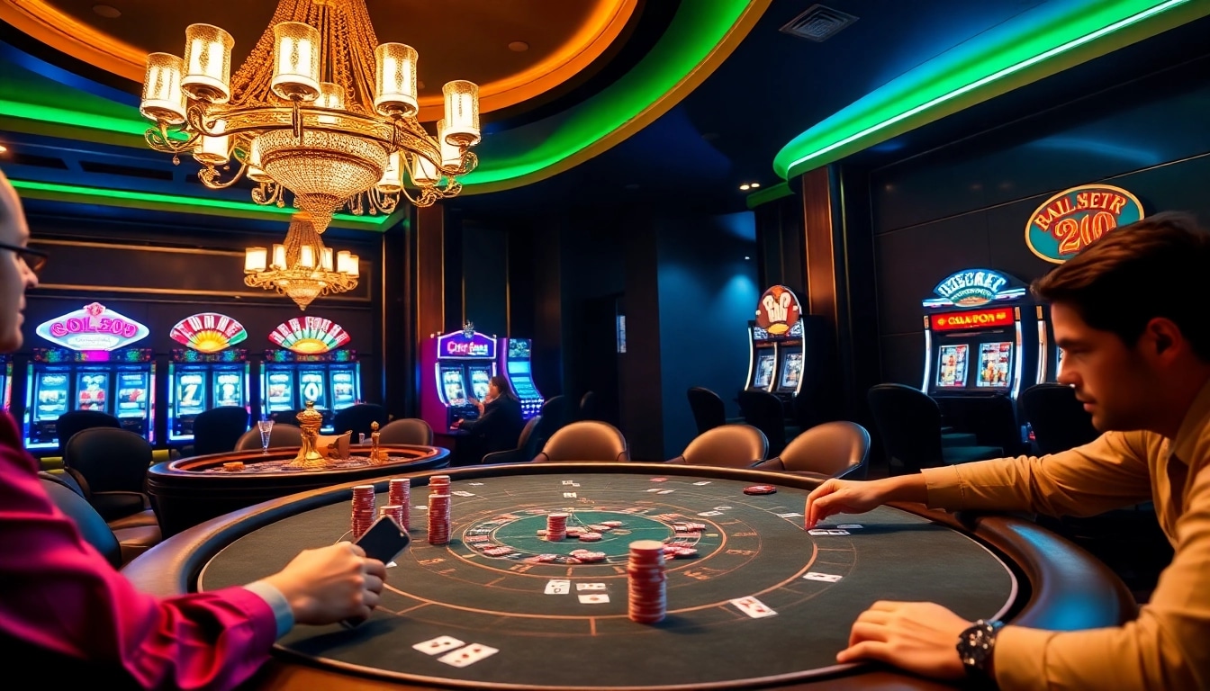 Experience the thrill of the go99 game at an upscale casino with poker tables and slot machines.