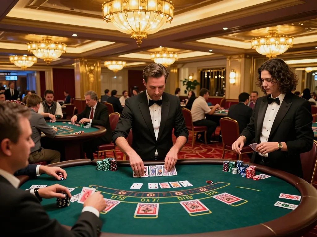 MM88 casino scene with players at blackjack tables and dealer in action