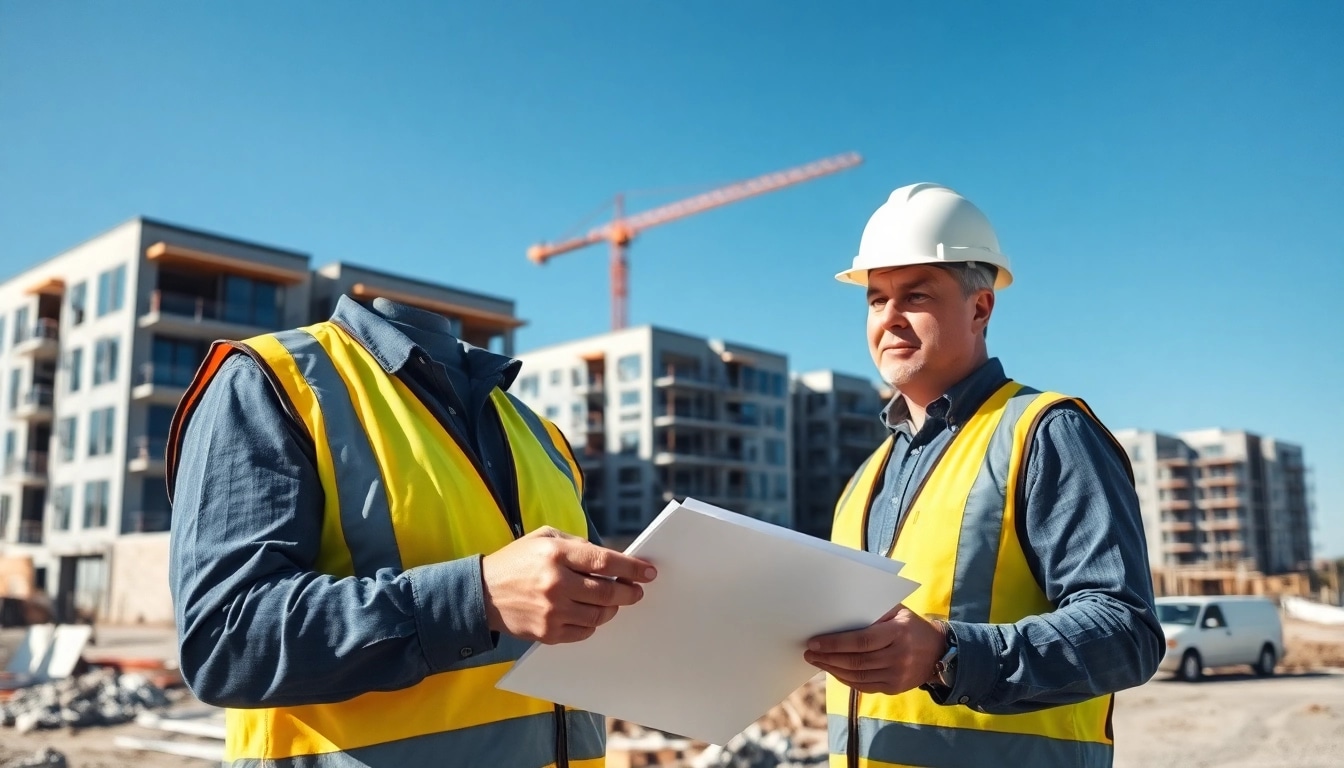 Engaged New Jersey Commercial General Contractor reviewing plans at a bustling construction site.