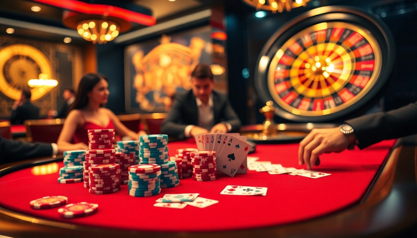 Experience the thrills of RR88 with players engaging in high-stakes poker amidst luxurious casino elements.