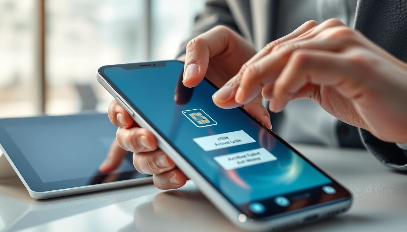 Activate eSIM features effectively using https://esimfo.com with a modern smartphone setup illustration.