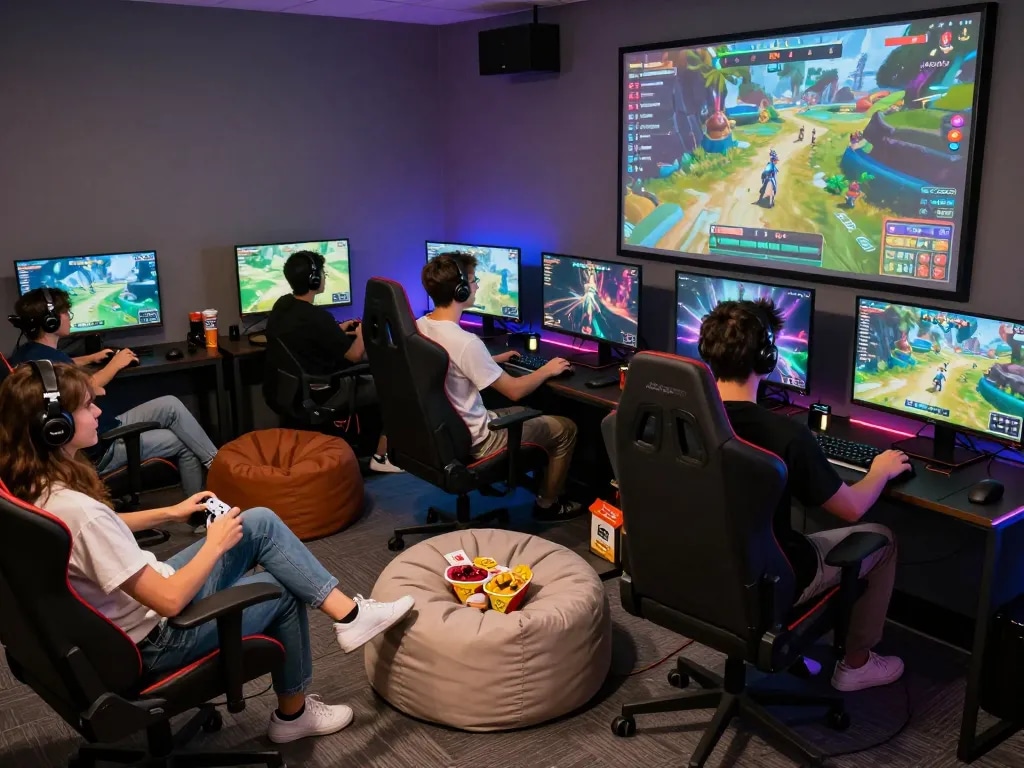 Diverse friends gaming together at ligasedayu.com, showcasing multiplayer excitement in a vibrant, engaging environment.
