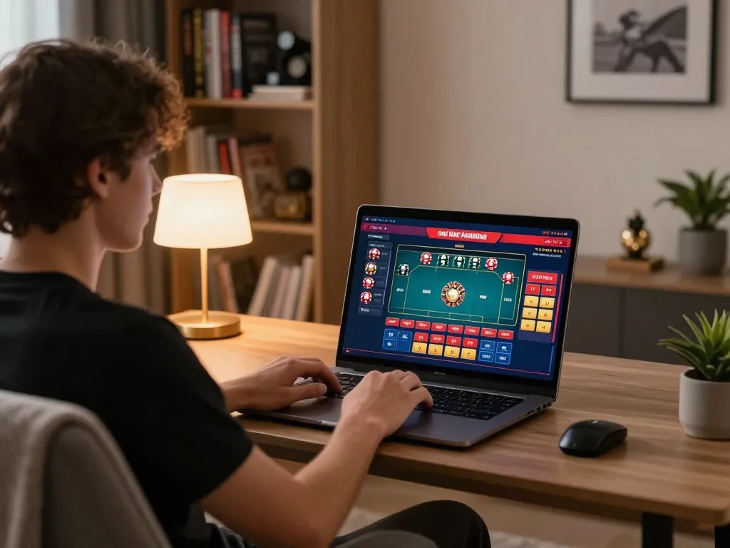 Engaging in online casinos Canada gameplay on a laptop, showcasing a roulette game interface and cozy home environment.