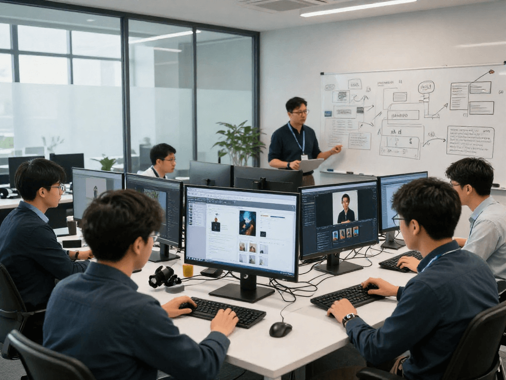 AI image detector team analyzing content moderation data in an innovative workspace.