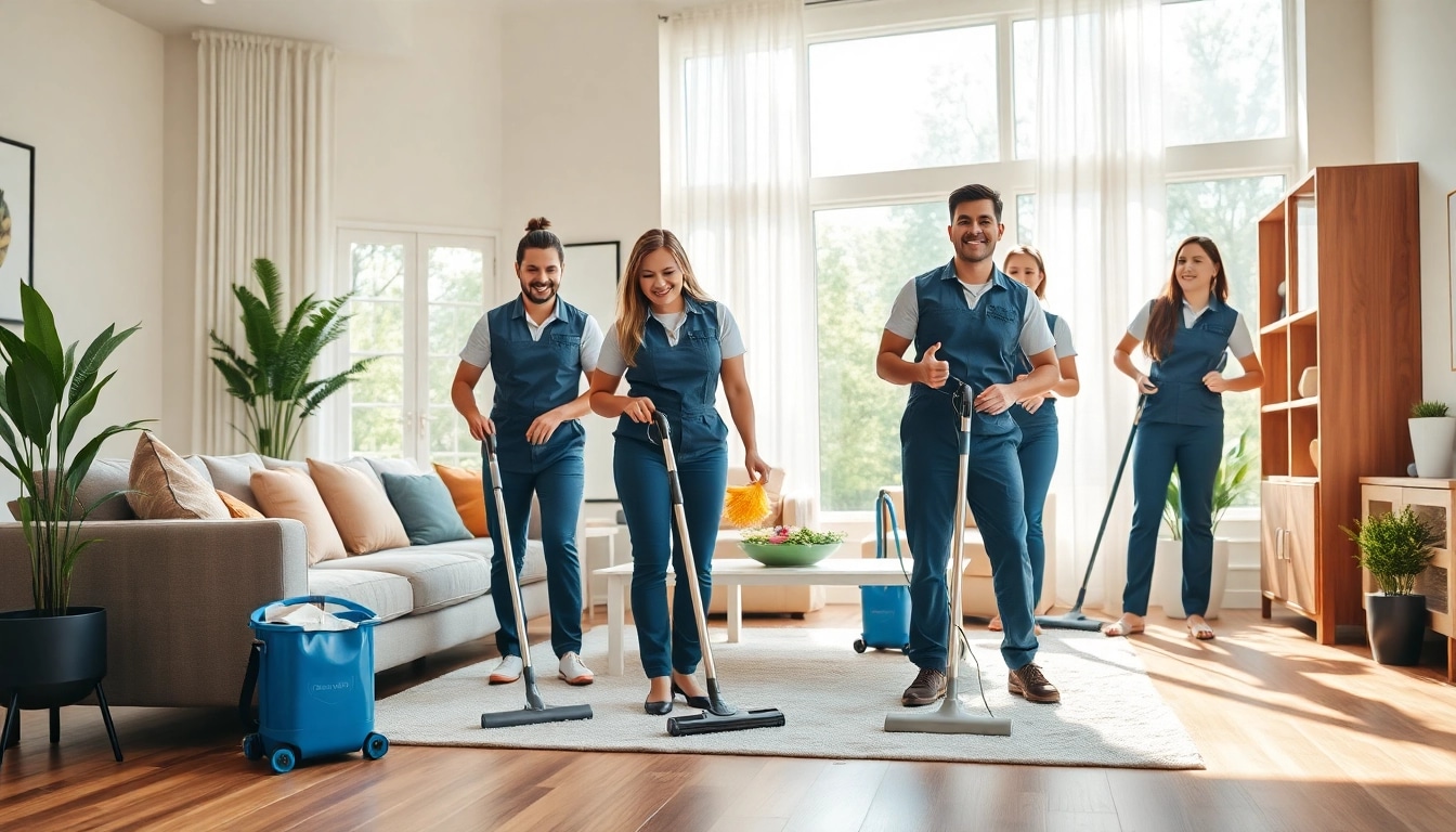 Showcasing a cleaning service team efficiently working in a bright, tidy room.
