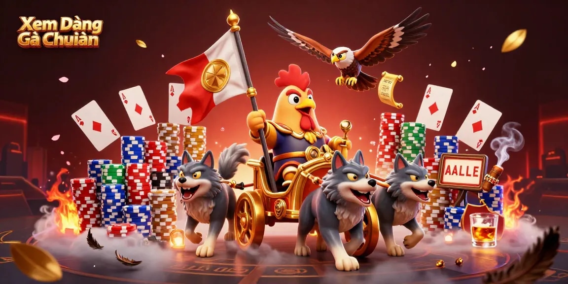 Xem Dáng Gà Chuẩn features a rooster warlord in action, showcasing a bustling gambling arena.