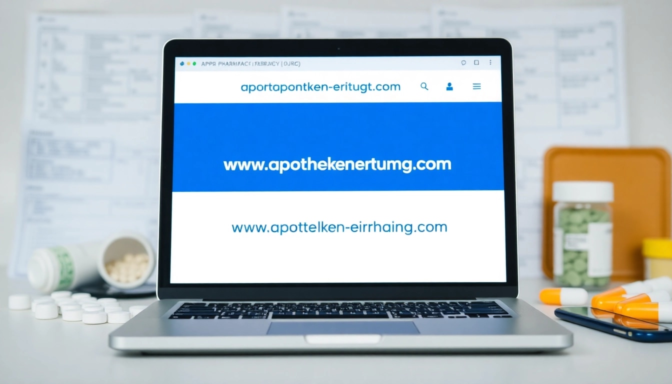 Bewerten Sie Online-Apotheken auf https://www.apotheken-erfahrung.com mit einem Laptop und Medikamenten im Hintergrund.