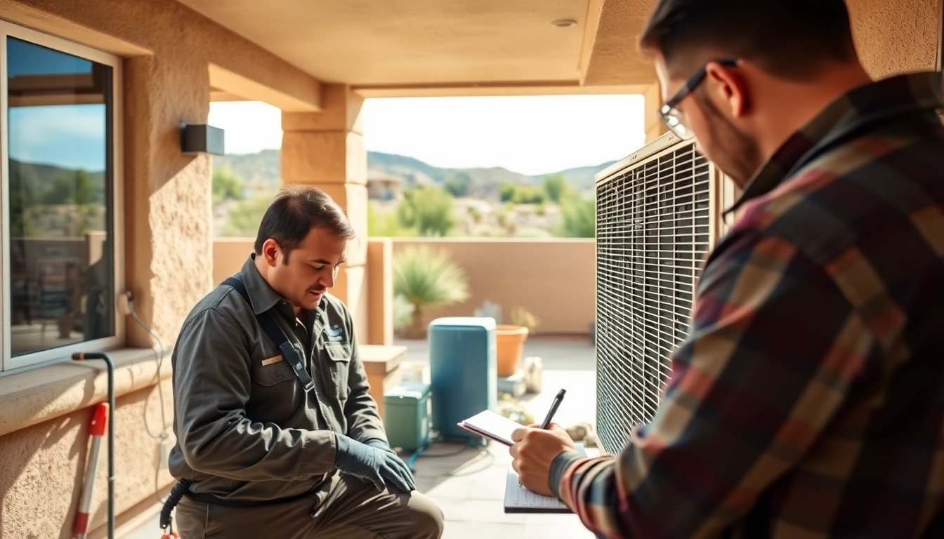 Technician performing maintenance on Scottsdale AC unit in a sunny desert setting.
