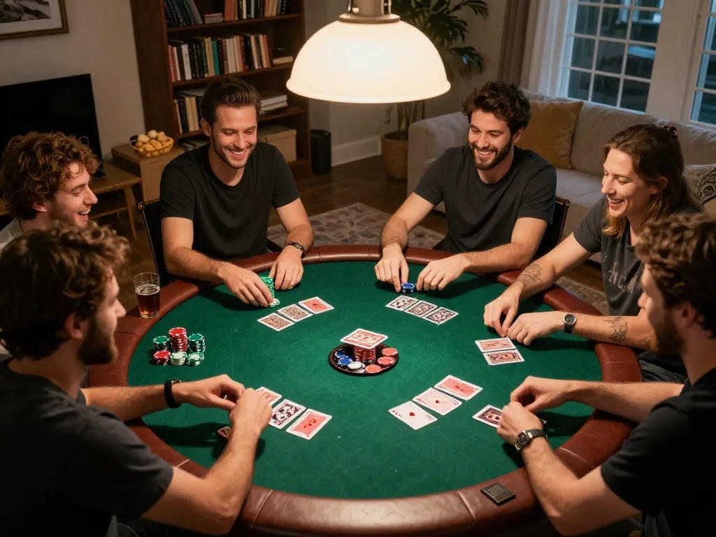 Engaged players enjoying poker night at home on 98win, showcasing strategic gameplay and social bonding.