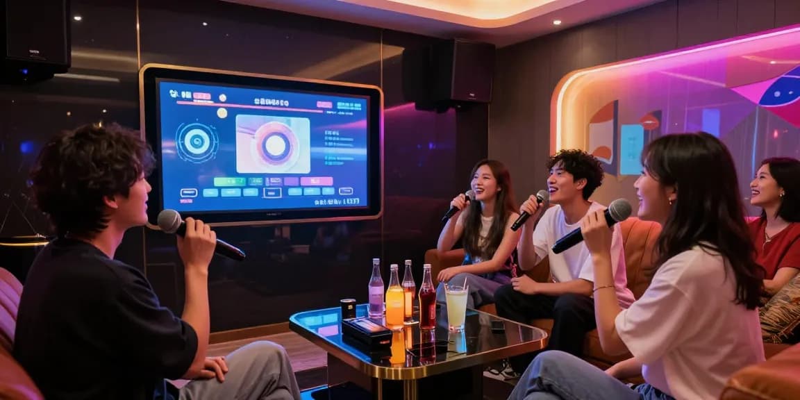 강남가라오케의 프라이빗 룸에서 손님들이 음료를 즐기며 노래를 부르는 모습