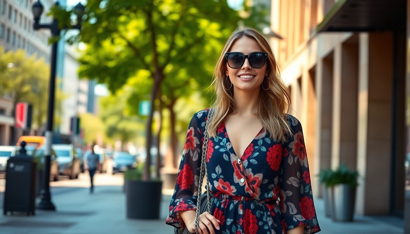 Stylish woman confidently showcasing women fashion in a vibrant urban setting.