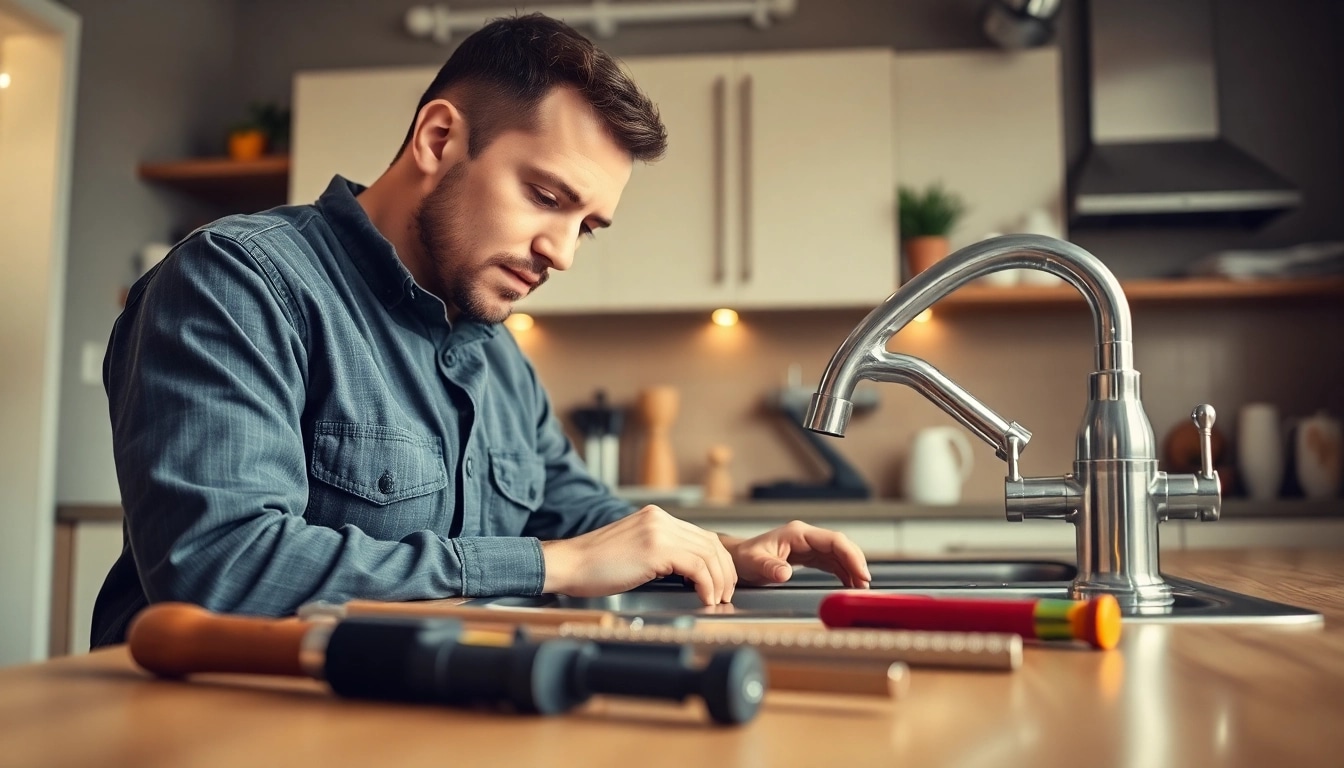 Trustworthy plumber near me fixing a kitchen sink in a warm, inviting home.