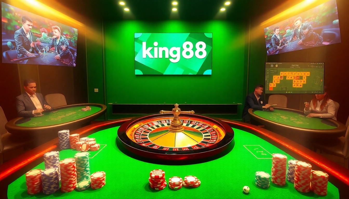 Experience the excitement of online gambling on trang chủ king88 with vibrant roulette and poker tables.