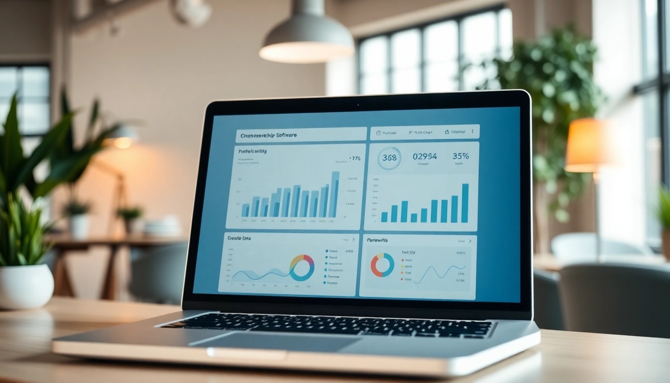 Showcase of membership software interface on a laptop in a bright office, enhancing member management.