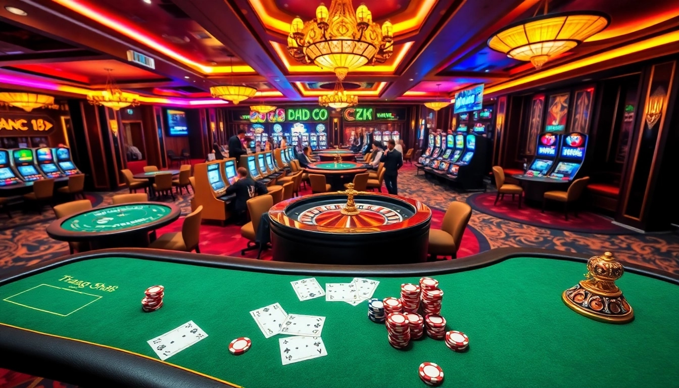 Exciting gaming scene at trang chủ NK88 with poker tables, roulette, and slot machines.