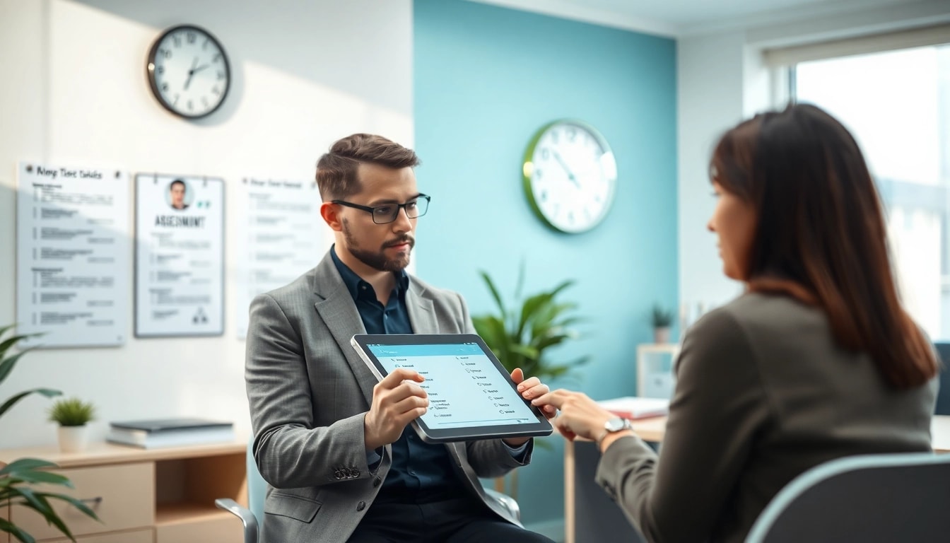 Candidate taking a psychometric test in a professional office setting with calming colors.
