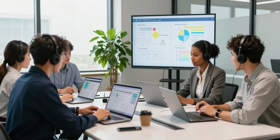 IT support small business team collaborating in modern office setting.
