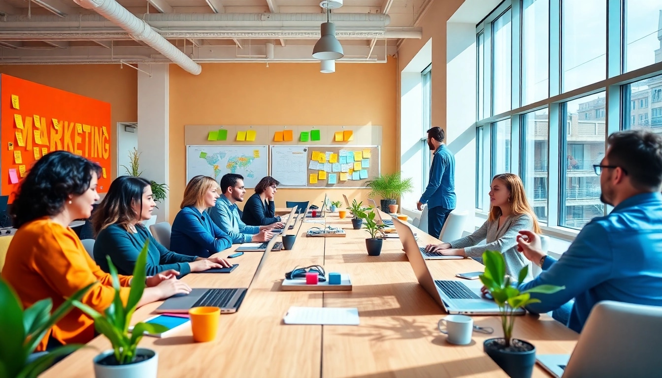 Agency team collaborating in a bright, modern workspace emphasizing teamwork and creativity.