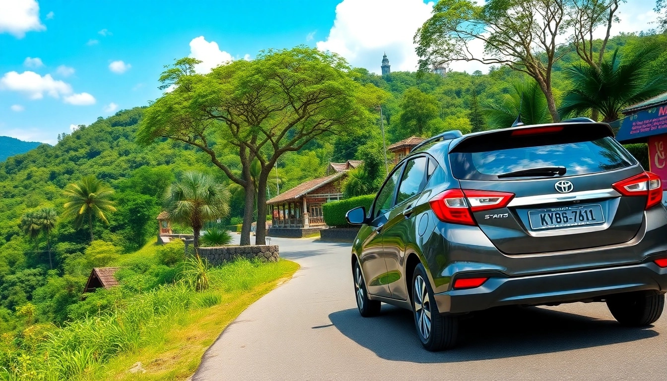 Car hire in Kuching featuring a rental car amidst lush landscapes and local attractions.