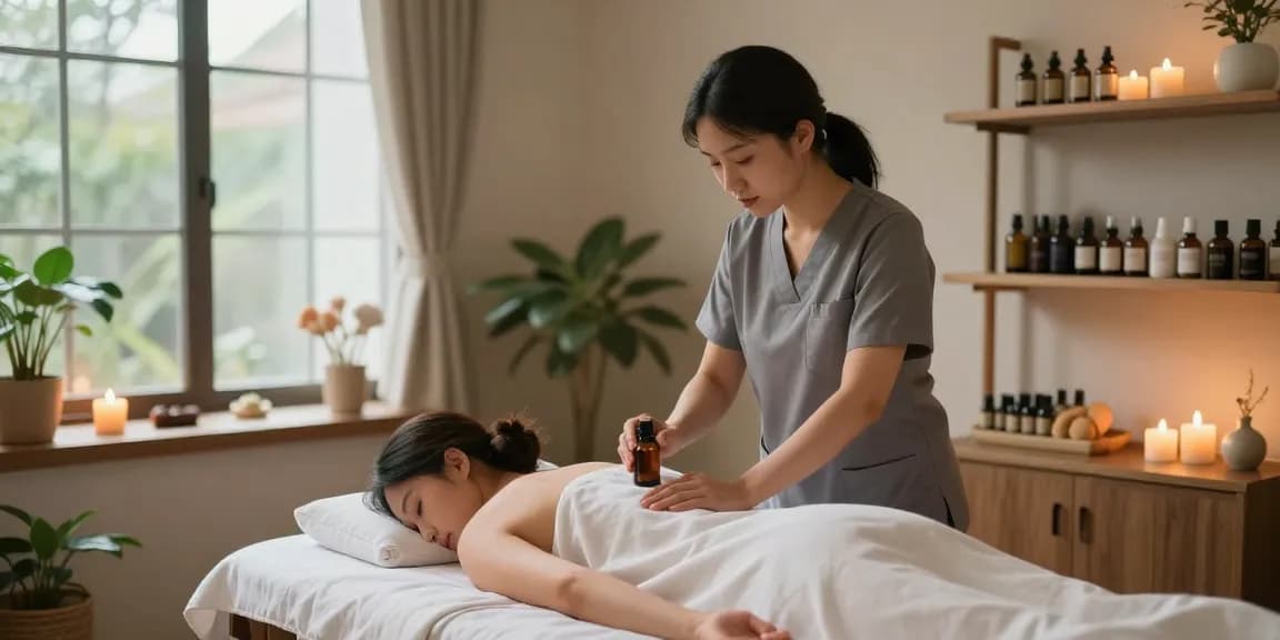 1인샵에서 편안한 마사지 서비스를 받는 모습과 아로마 오일들