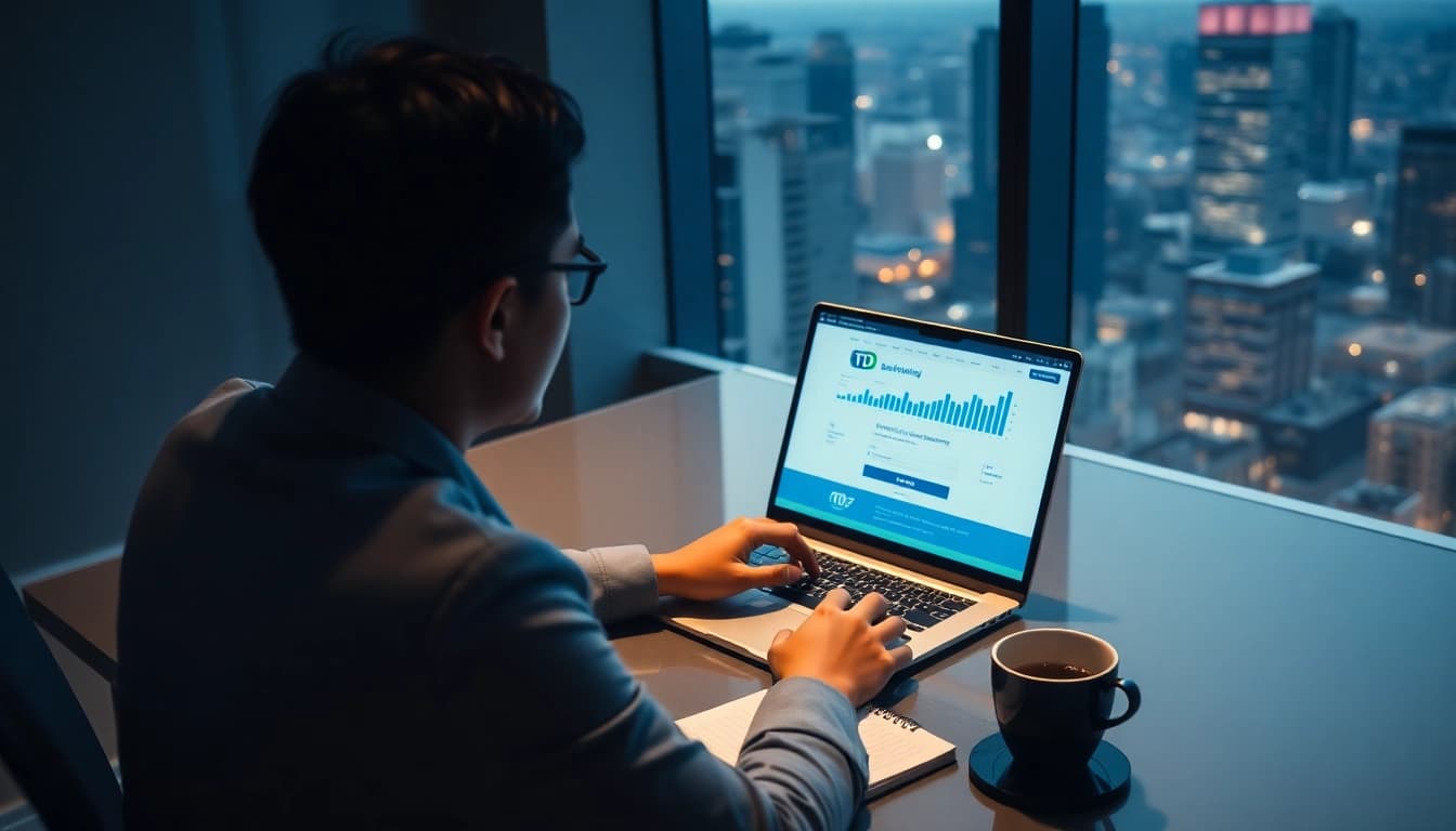 Businessperson using td web business banking login on a laptop in a professional office.