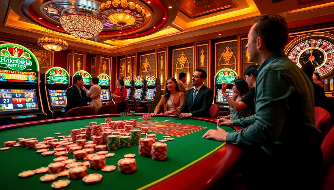 Players enjoying slot kamboja bet 100 at a vibrant casino scene with poker chips and slot machines.