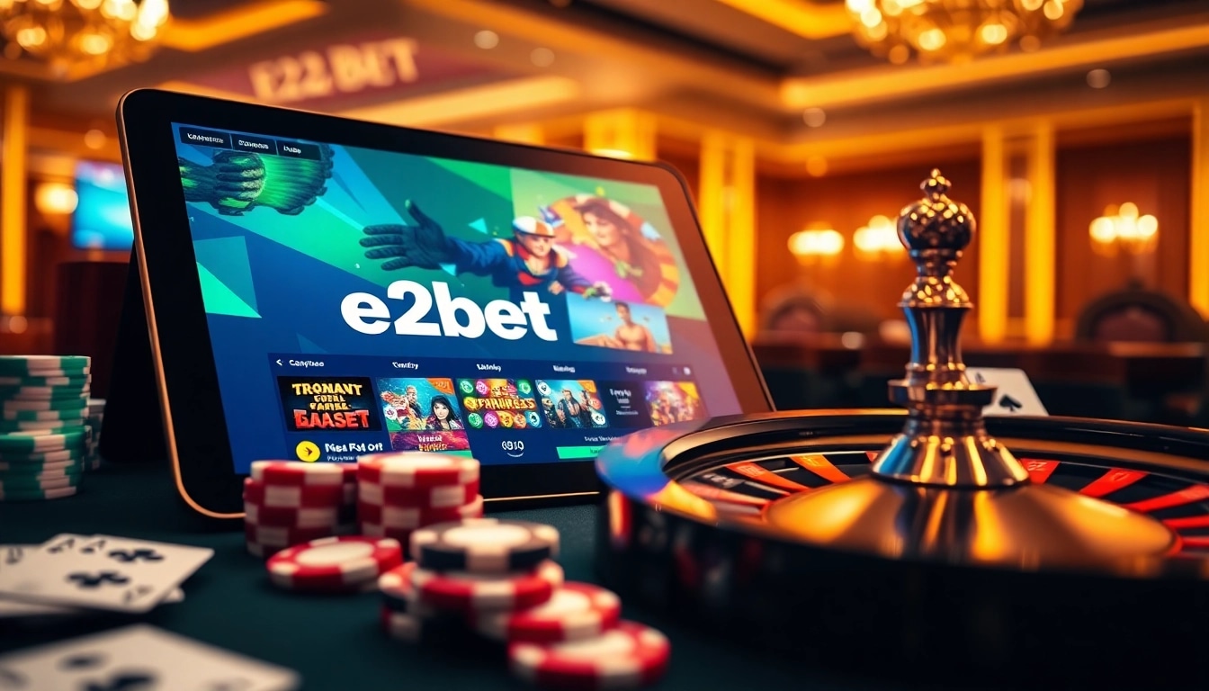 Experience e2bet's thrilling casino games with inviting poker chips and roulette wheel.