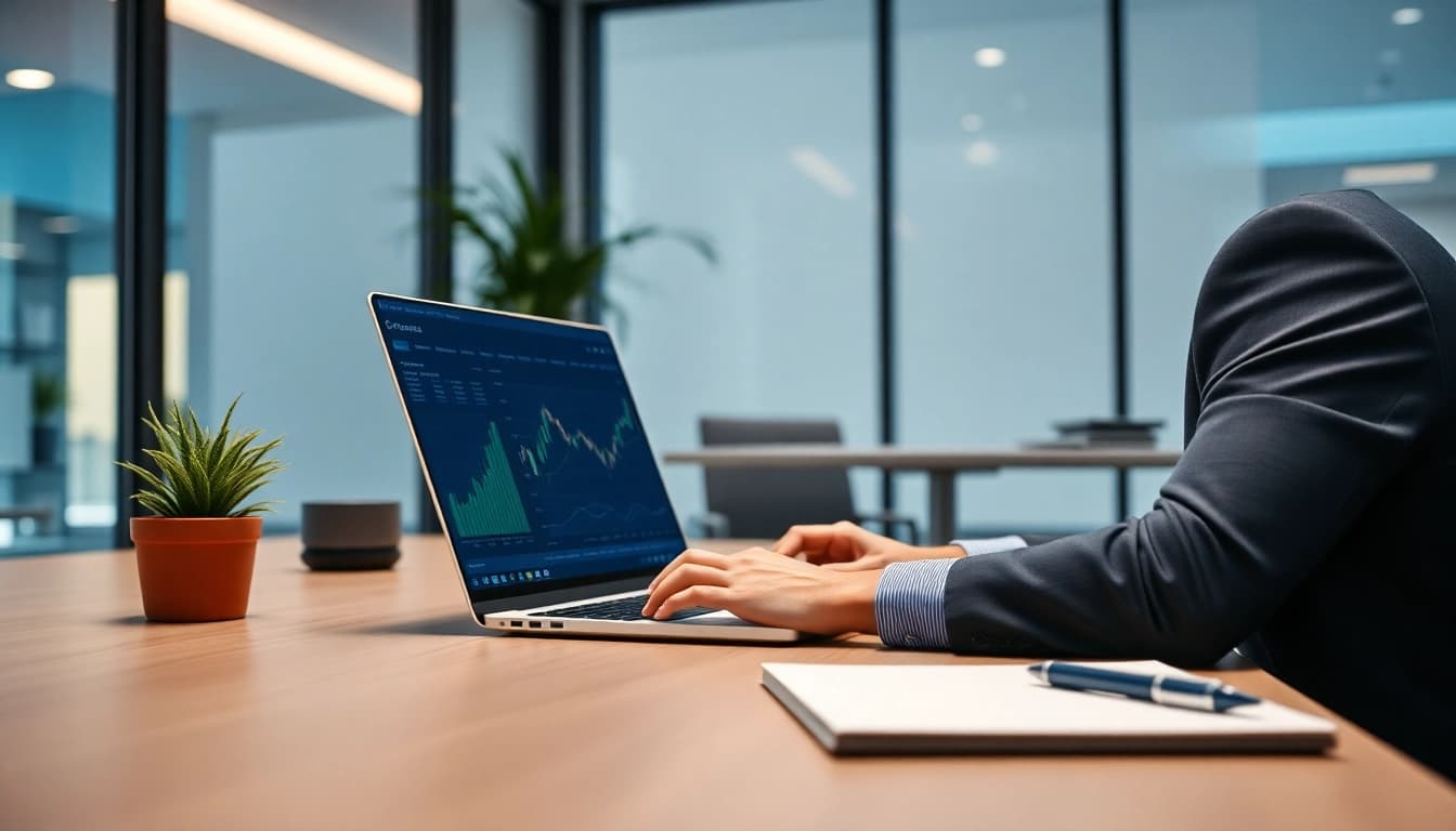 Professional workspace featuring Scotia Connect platform in use, emphasizing efficiency and trust.