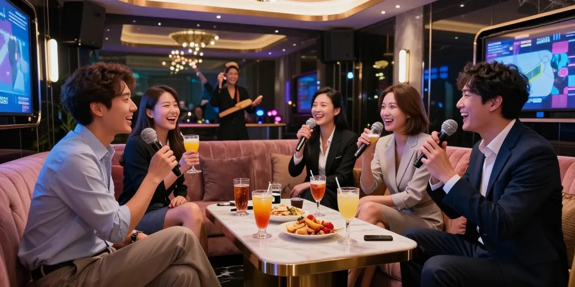 강남가라오케의 고급스러운 룸에서 전문직 종사자들이 즐거운 시간을 보내는 모습