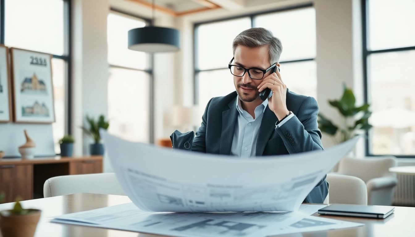 Geprüfter Immobilienmakler mit Verträgen bei https://immobilienmakler-bester.de in einem modernen Büro.