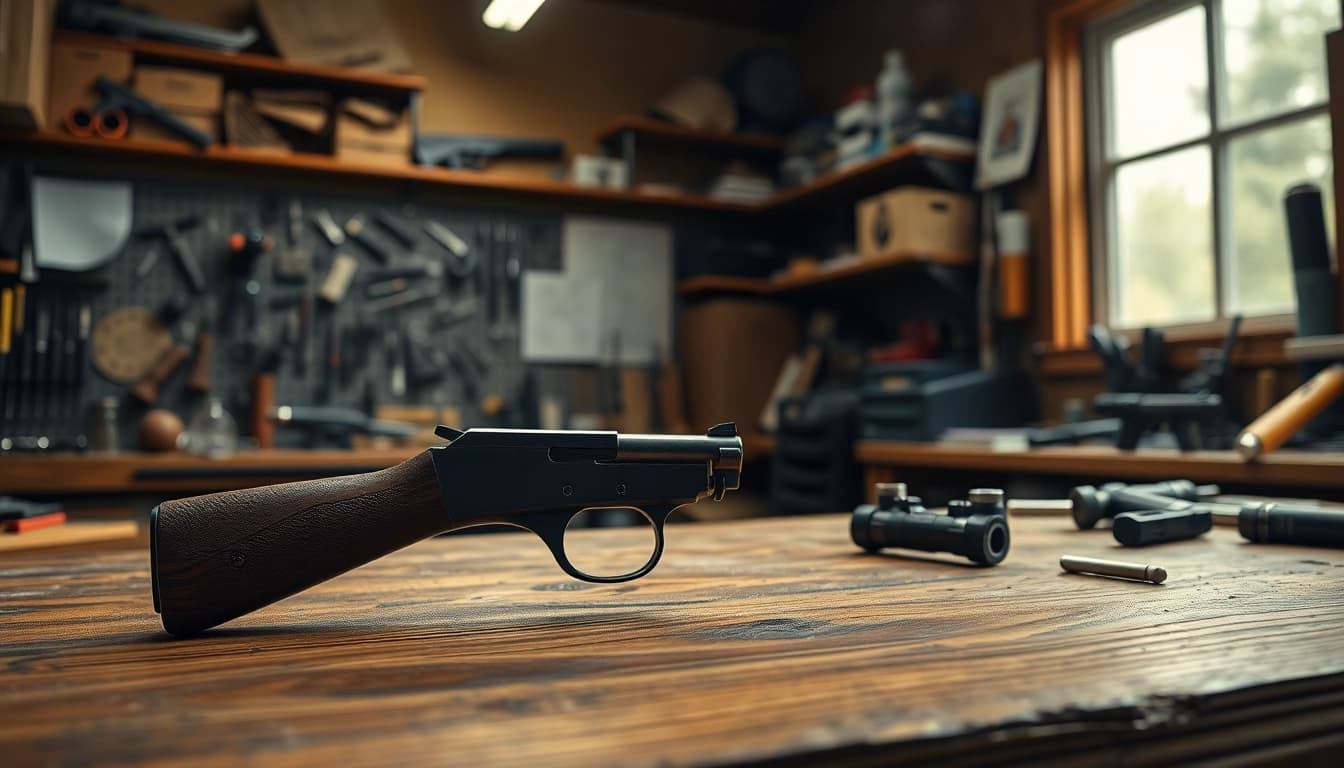 The 3 position forced reset trigger displayed prominently on a wooden bench with tools.