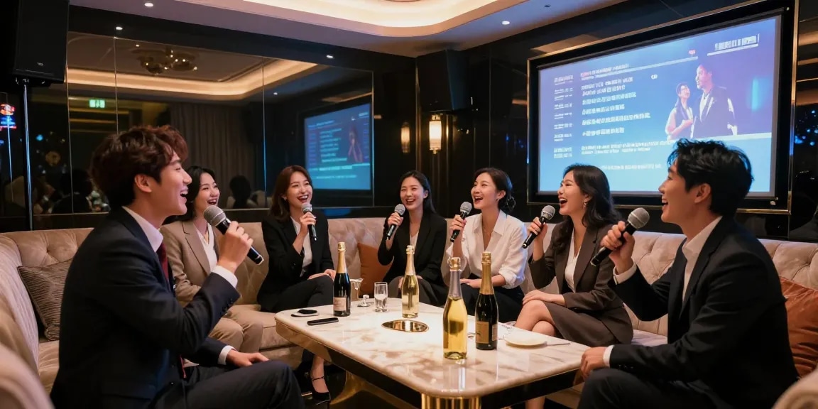 강남쩜오의 고급스럽고 프라이빗 한 노래방 공간에서 즐겁게 노래하는 모습