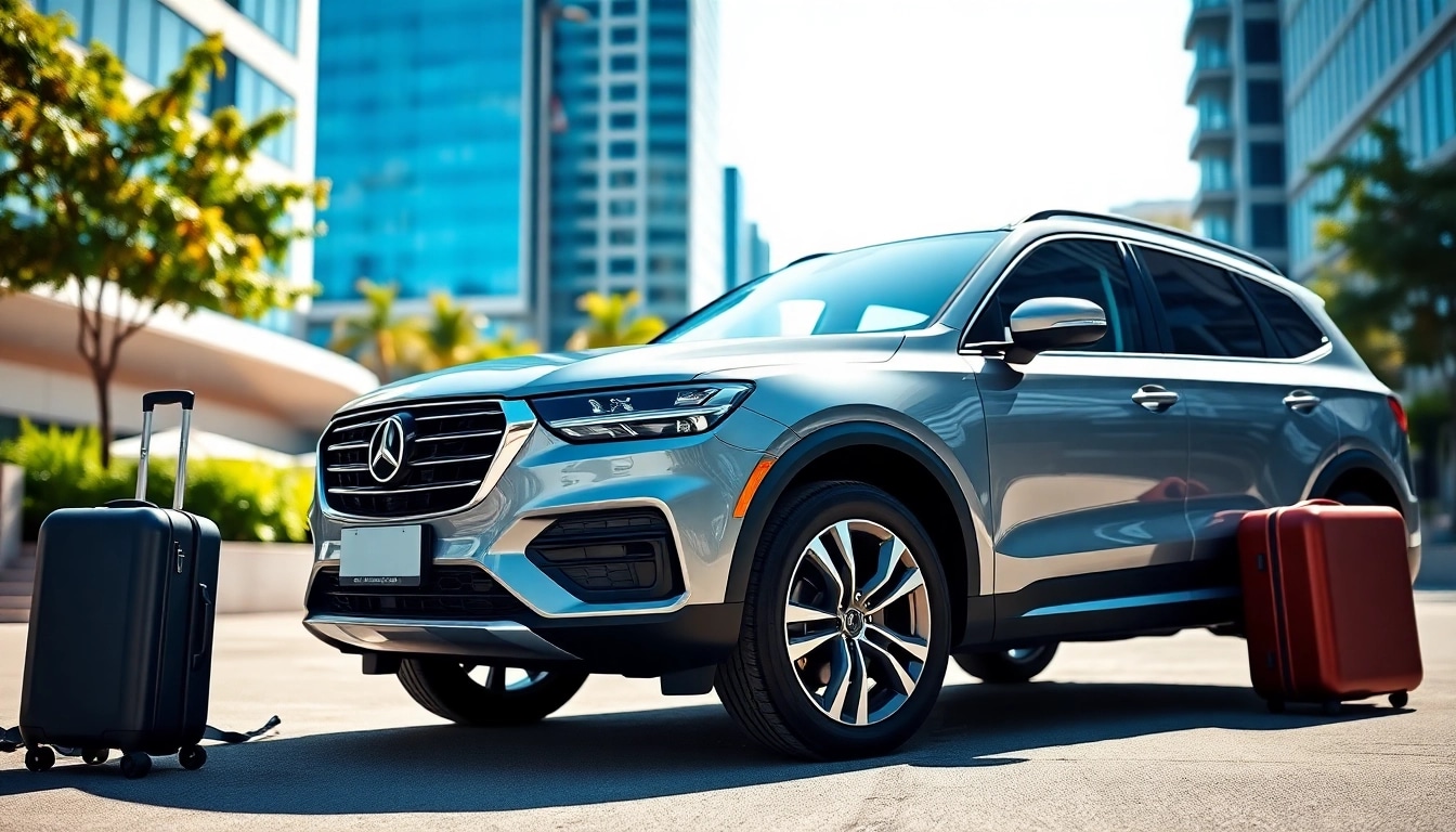 JBO car rental service featured prominently in an urban setting with a high-end vehicle.