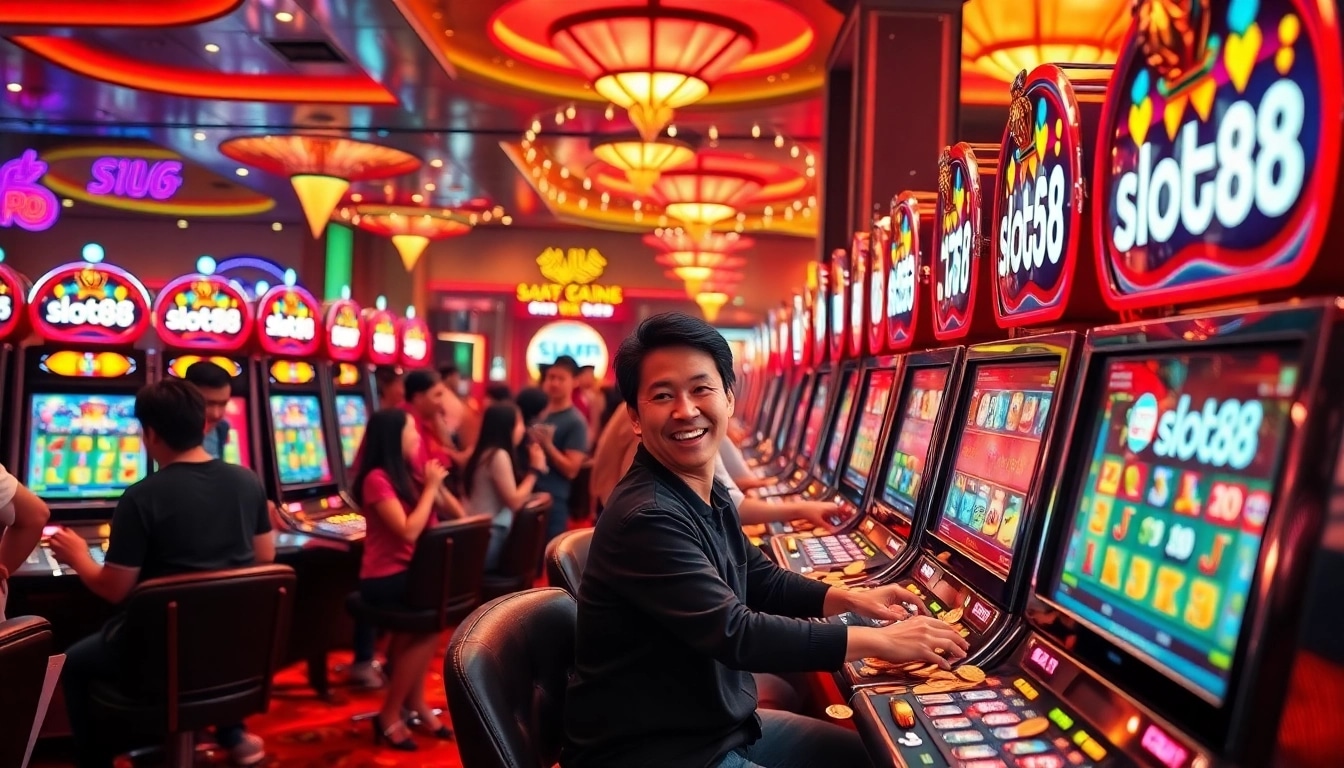 Excited players engaging with slot88 machines in a vibrant casino scene filled with lights and action.