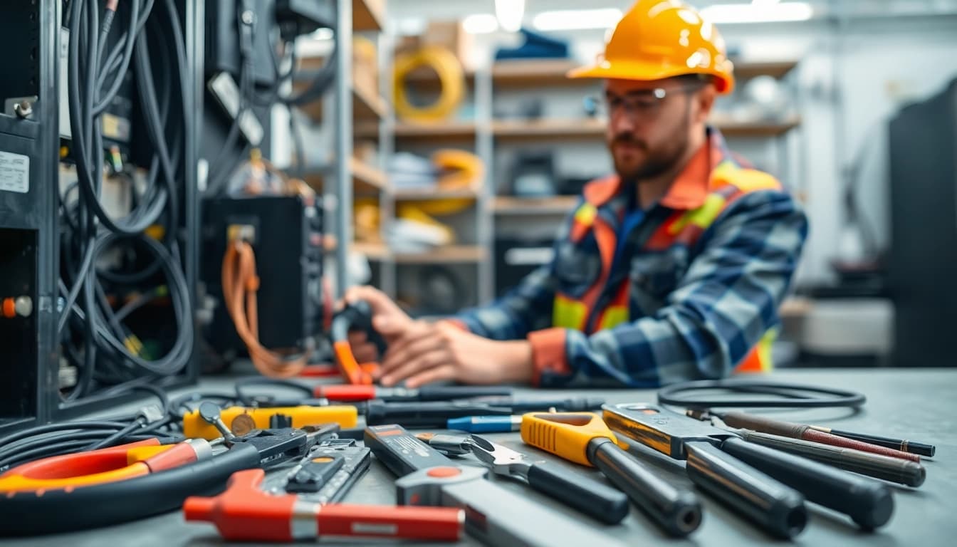Performing electrical maintenance by a professional electrician in a well-equipped workshop.