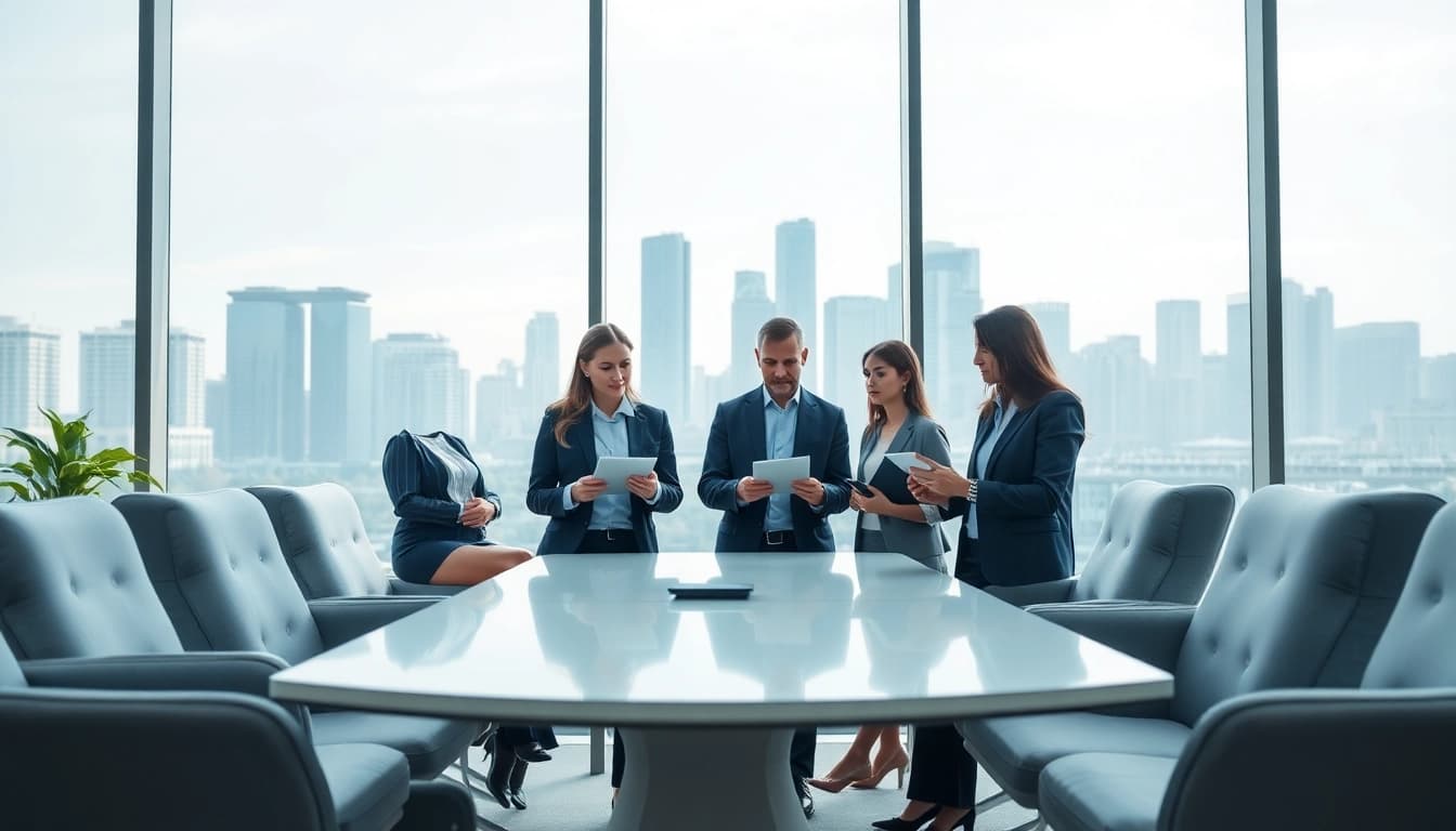 Real estate agents discussing strategies for international real estate companies in a modern office.