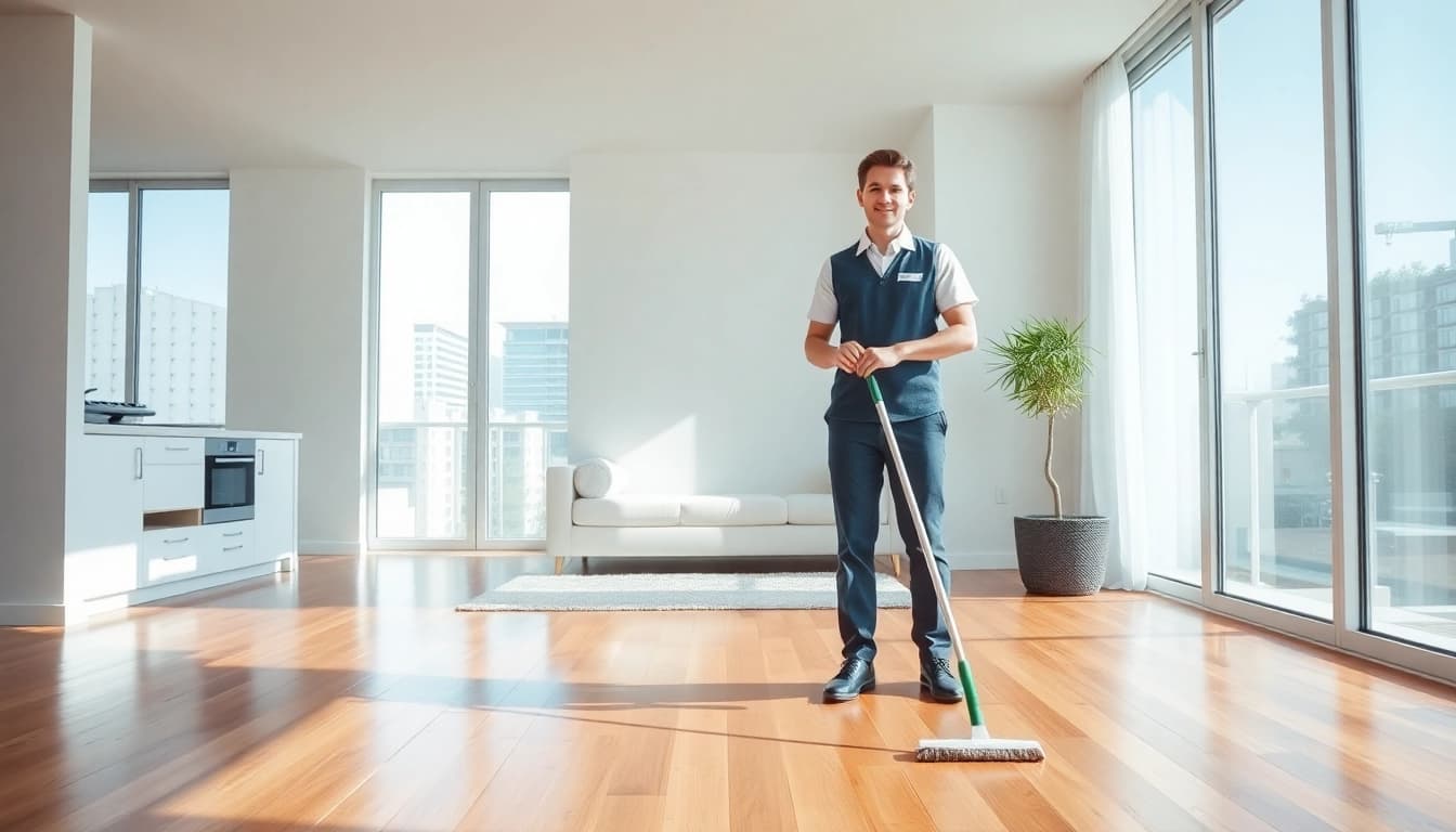 Bond cleaning brisbane showing a professional cleaner in a bright, spotless apartment environment.