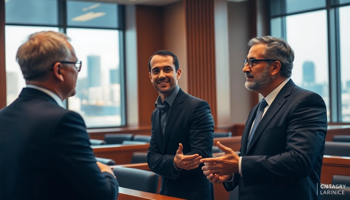 Engaged San Antonio truck accident lawyer consulting with a client at a courthouse, highlighting expertise and trust.