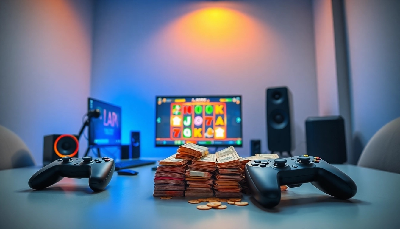 Menggambarkan konsep gudangcuan dalam permainan online dengan setelan gaming modern.
