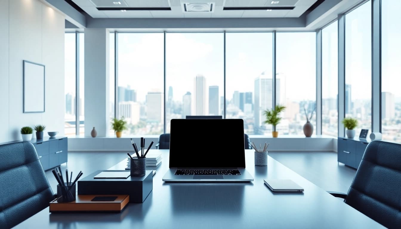 Innovative workspace at https://fhpts.com with modern tools and a vibrant city view.