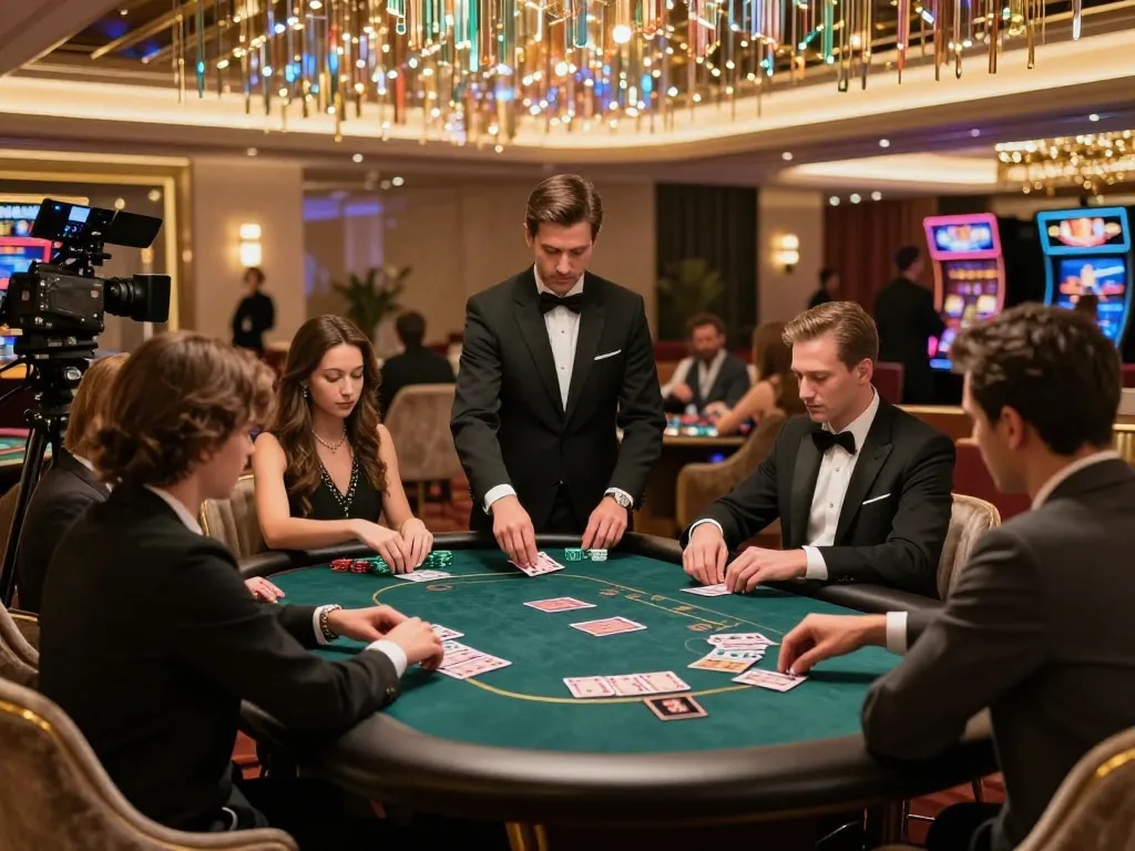 Engaged players at high-stakes poker table in thabet’s luxurious gaming area