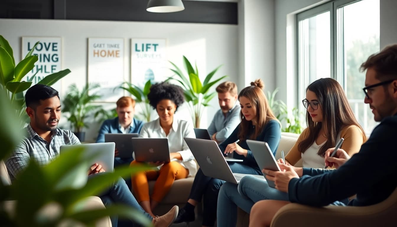 Engaged users on https://enqueteplein.nl completing online surveys in a bright office.